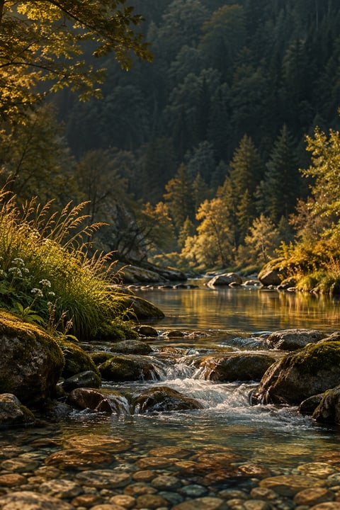 A quiet forest stream winding between mossy rocks.