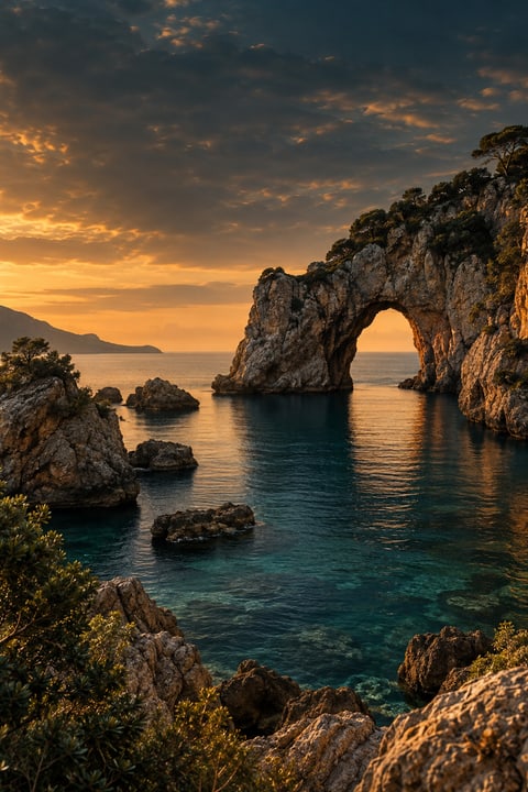 A natural stone arch beside the sea.