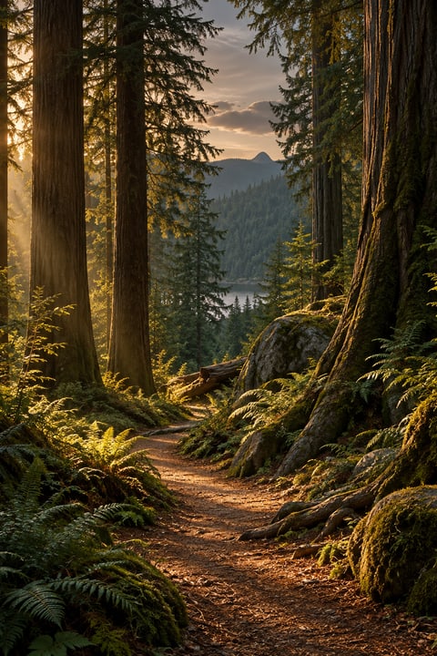 A woodland path leading into warm light.