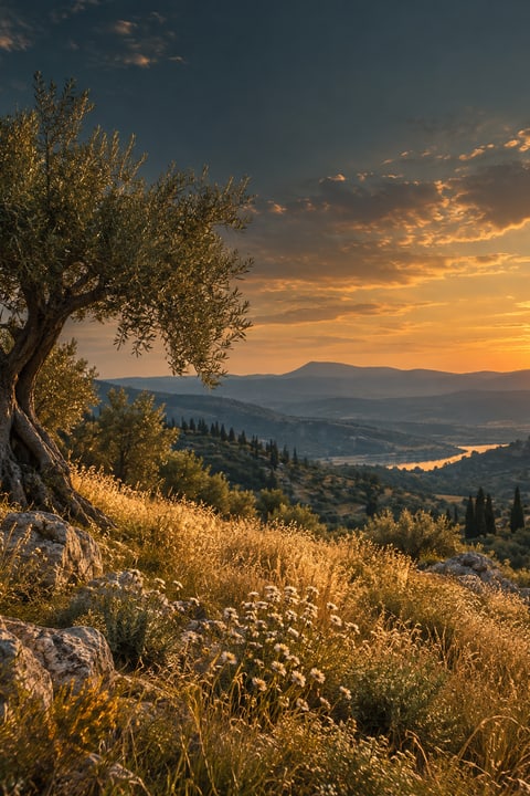 An olive tree rooted on a hillside.