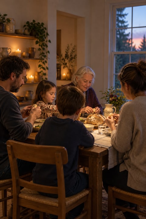 A family sharing a peaceful meal around a table.
