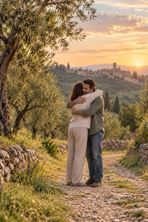 Two people embracing in reconciliation beside an olive grove.