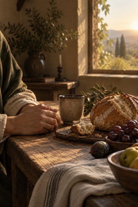 Bread, fruit and a cup on a table in warm light.