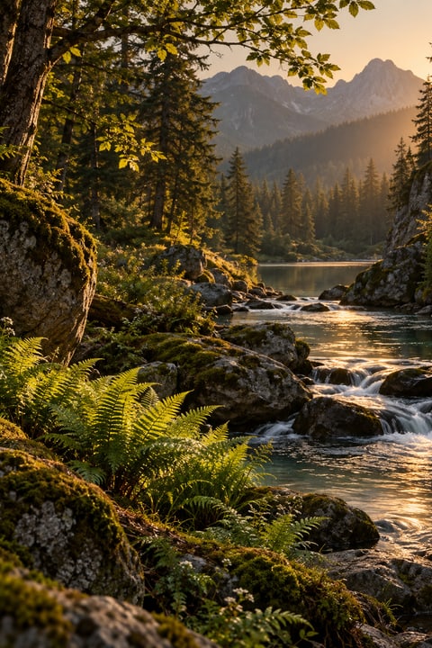 A stream finding its way among wooded rocks.