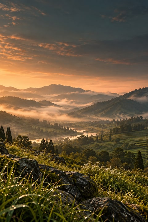 A quiet misty valley held in morning light.