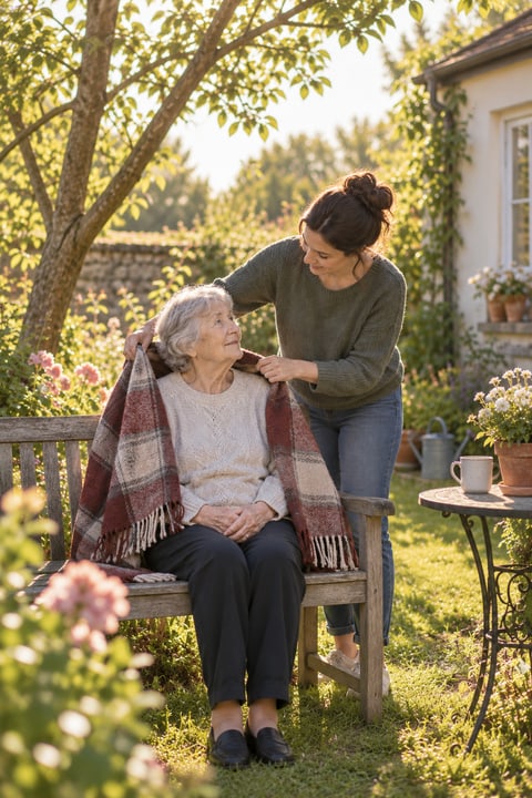 A younger person gently placing a blanket around an elderly person.
