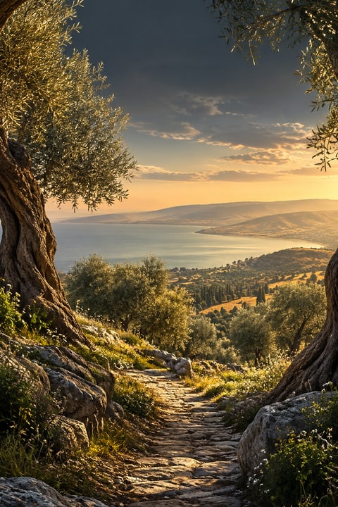 An olive-framed path toward a quiet lake.