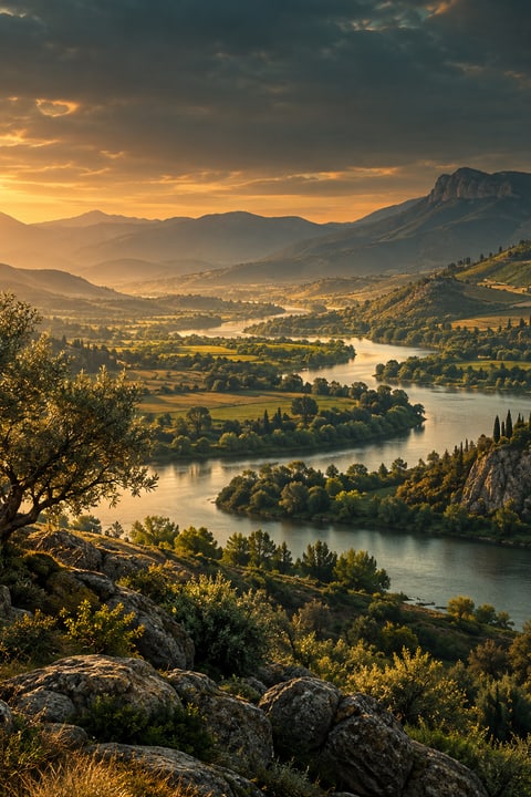 A river moving gently through a valley.
