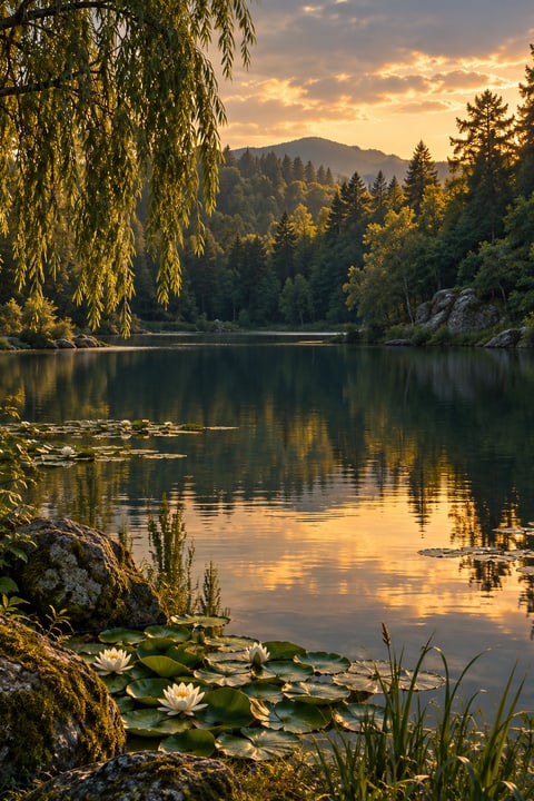 A still lake framed by woodland.