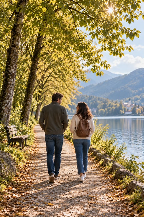 Two companions walking together along a lakeside path.
