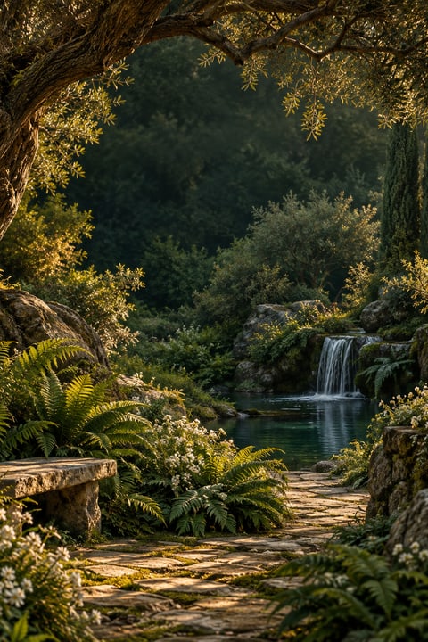 Fresh water falling through a green woodland.