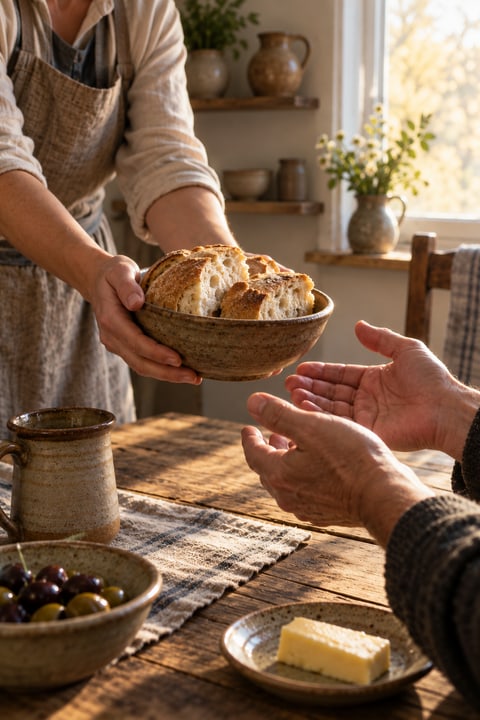Hands offering a bowl of bread in an act of hospitality.
