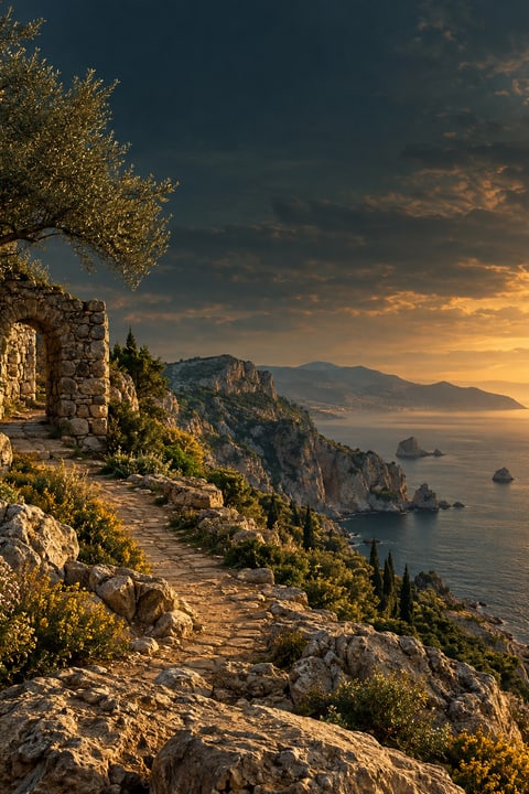 Weathered stone beside a rugged coast.