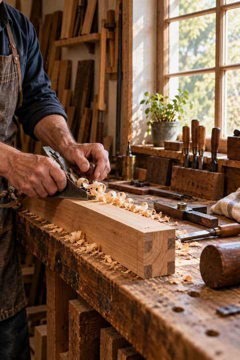 Hands carefully working timber at a wooden workbench.